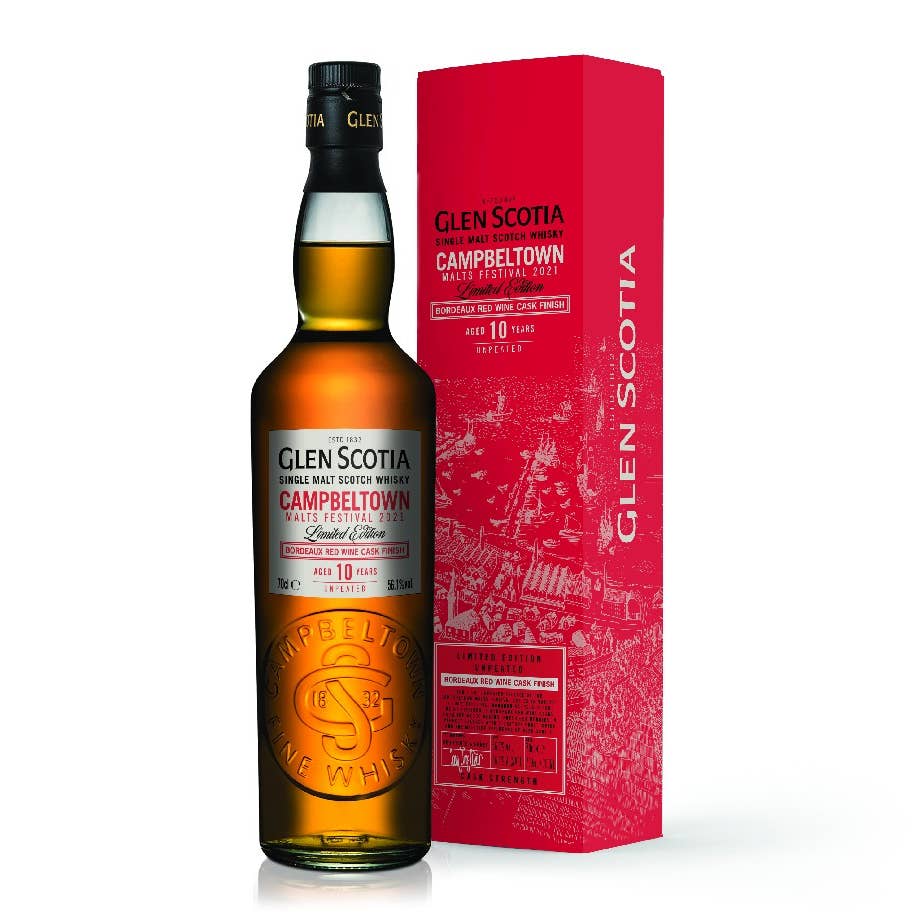 A red box labeled Glen Scotia Campbeltown Malts Festival Bordeaux Finish, along with a full bottle of scotch.
